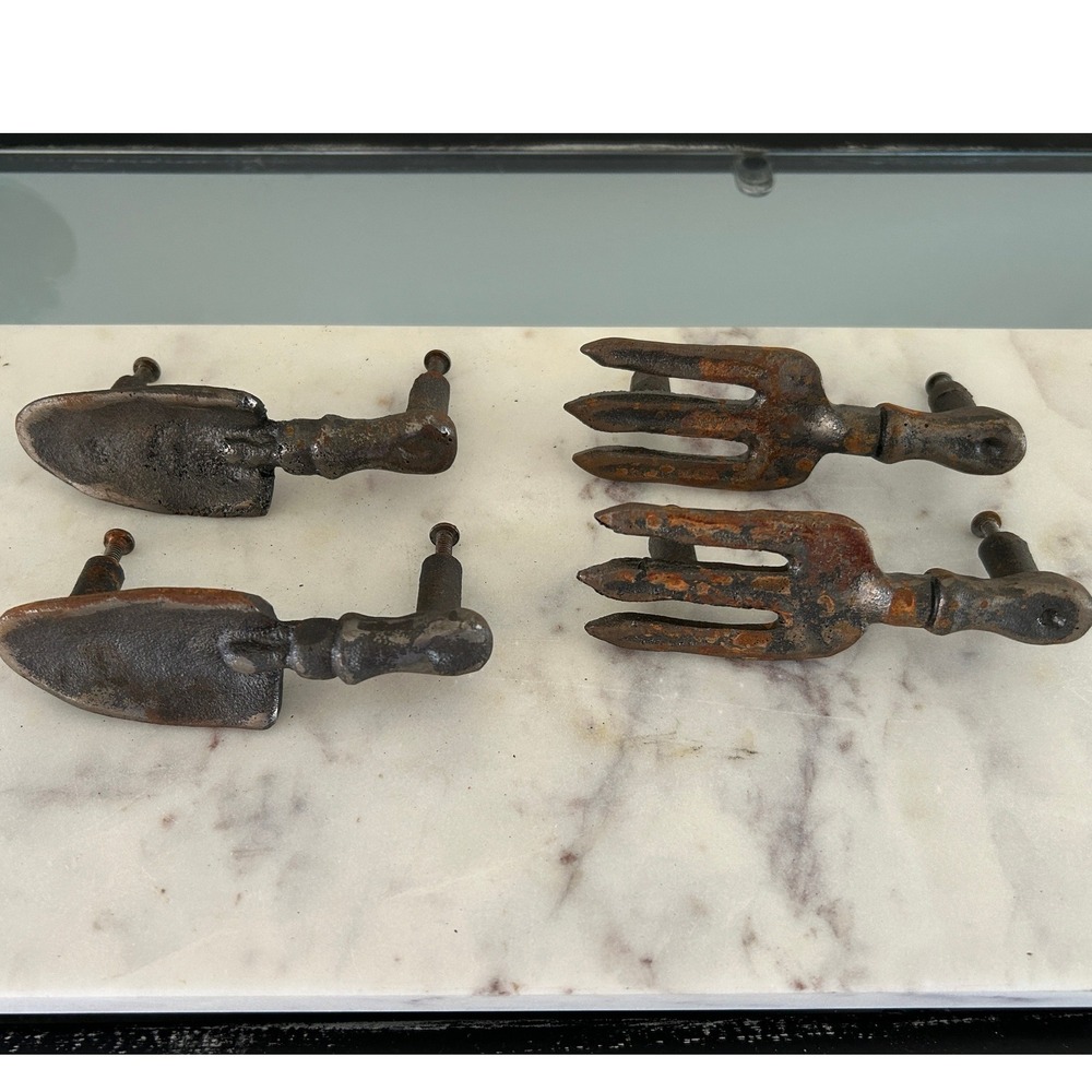Vintage Cast Iron Garden Tool Drawer Pulls Knobs Trowel Fork Rustic 4 Piece Set